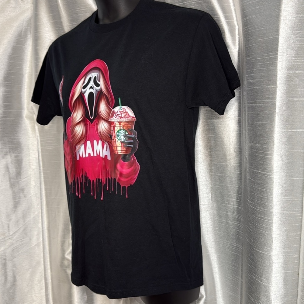 Ghost Face Mama Drinking Coffee Halloween Black T Blonde Women’s M Gildan - Picture 5 of 8